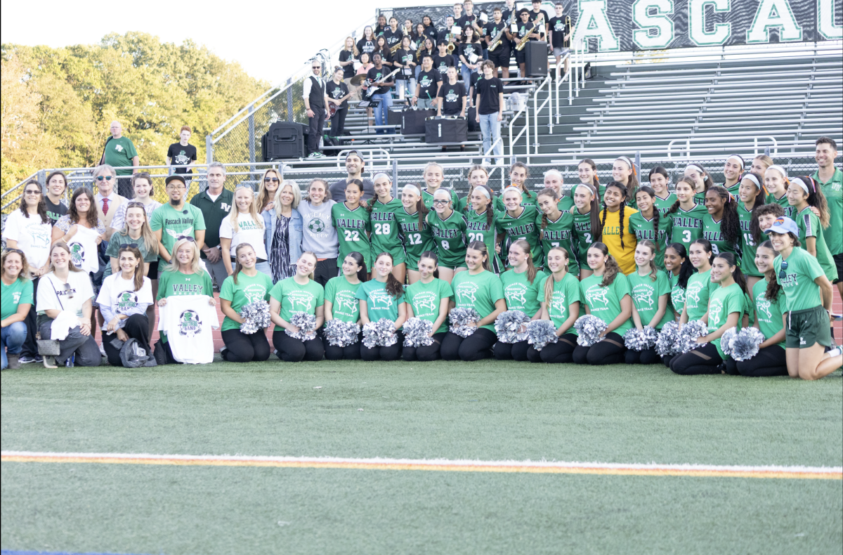 Girls soccer, PV faculty, Pascack Valley Regional Dance Team, and the PV Band take picture on Teacher Appreciation Night